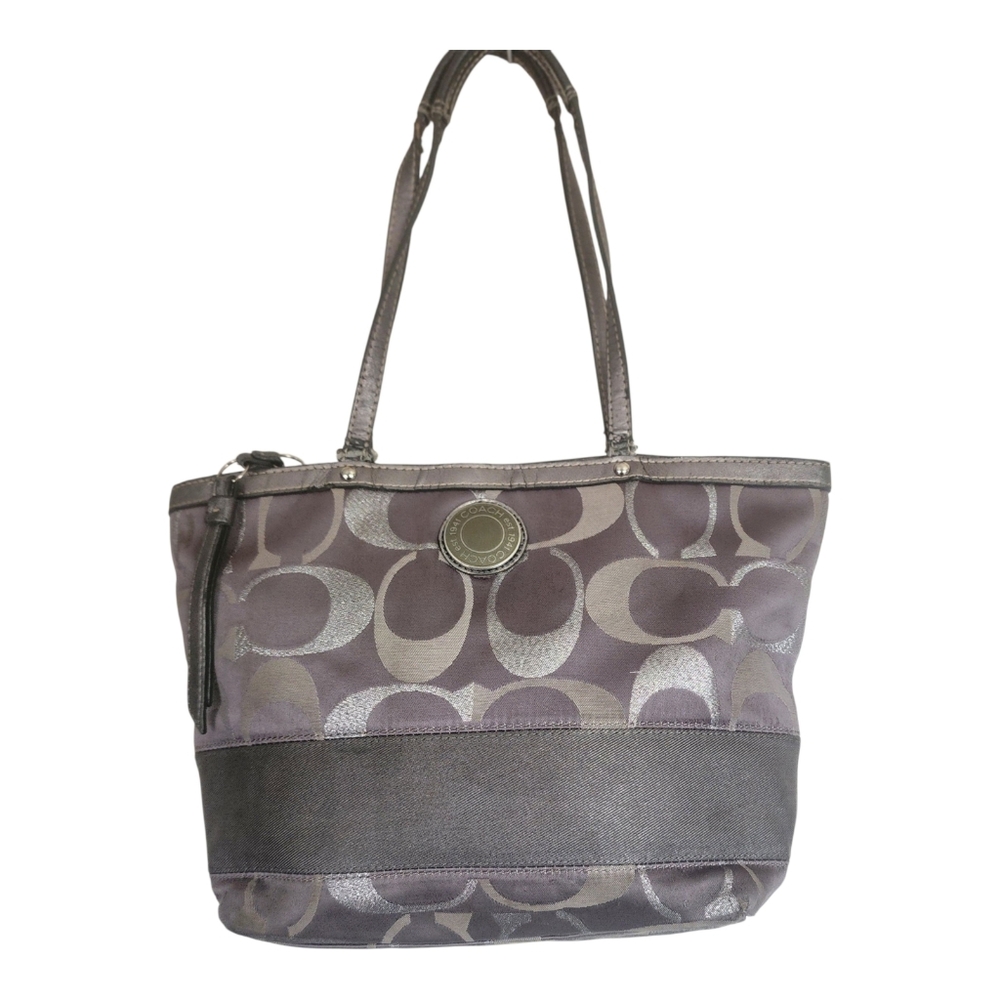Coach Signature Grey Silver Canvas Tote Shoulder Bag